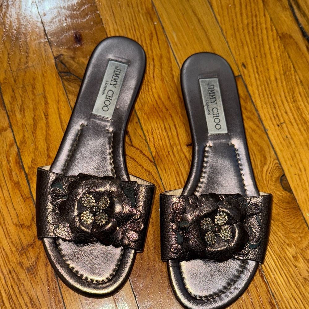 Jimmy Choo Metallic Bronze Floral Slide Sandals